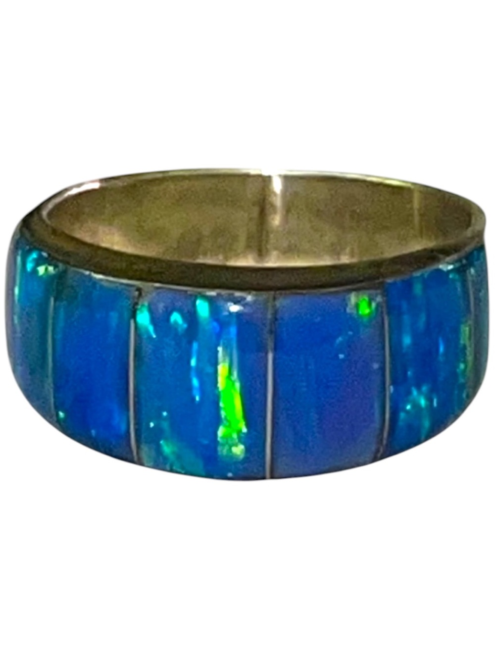 Native American Black Blue Inlaid Opal Sterling Silver Band Ring CR size 8